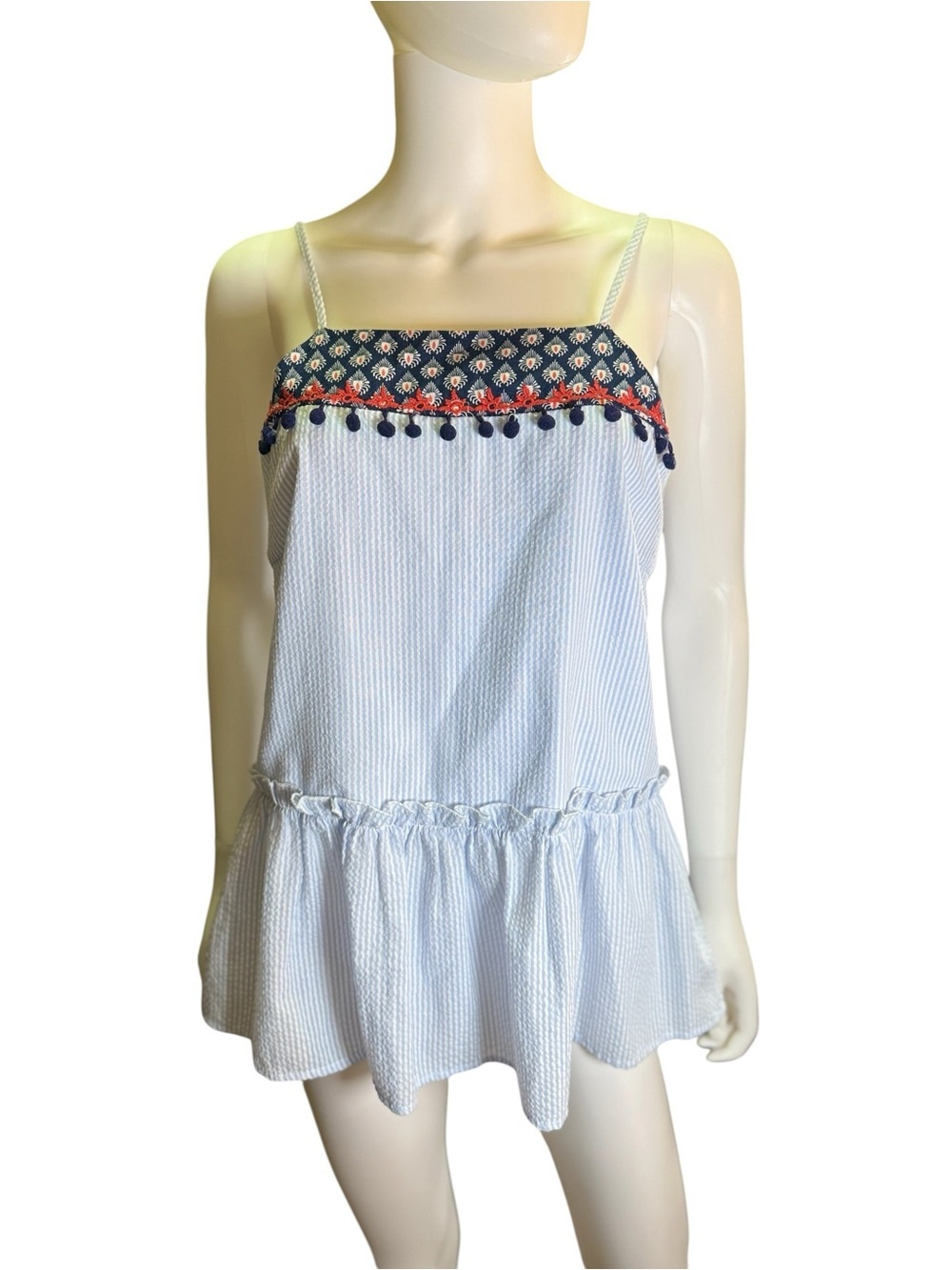 THML Light Blue Strappy Embroidered Tank top with Navy & Red Trim Size M EUC